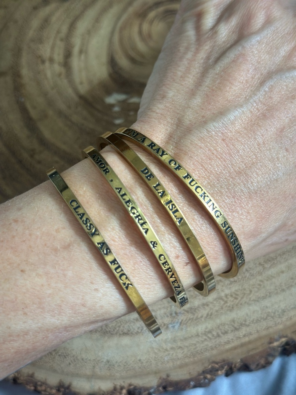 Gold Engraved Cuff Bracelet Set - sayings from Puerto Rico in Spanish & English